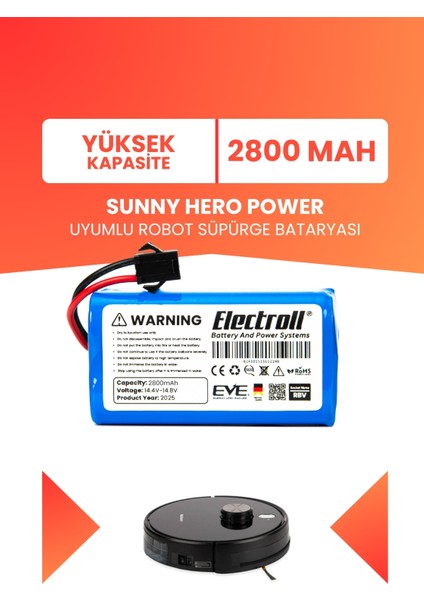 Sunny Hero Power Uyumlu Batarya (Yüksek Kapasite) 2800MAH Robot Süpürge Bataryası