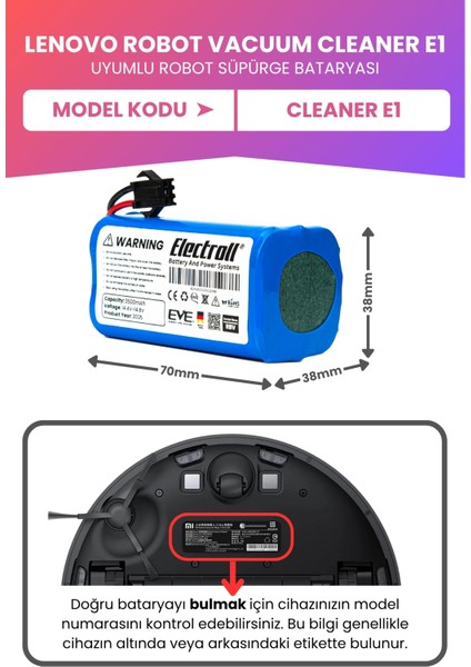 Lenovo Robot Vacuum Cleaner E1 Uyumlu Batarya (Maksimum Kapasite) 3500MAH Robot Süpürge Bataryası fiyatları