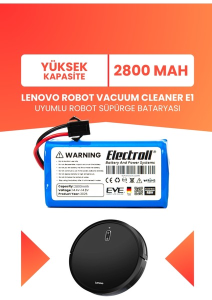 Lenovo Robot Vacuum Cleaner E1 Uyumlu Batarya (Yüksek Kapasite) 2800MAH Robot Süpürge Bataryası