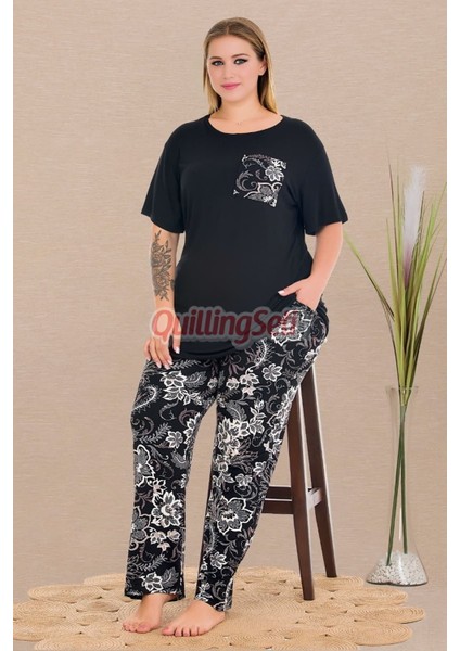 Siyah Renk ve Çiçek Desenli 11011 Kısa Kollu Kadın Büyük Beden Anne Pijama Takımı