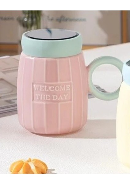 Porselen Kupa Welcome The Day Ayna Kapaklı Pembe Yeşil 1 Adet modelleri