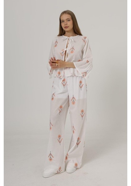 Grip&hug Işlemeli Oversize Pantolon - Beyaz