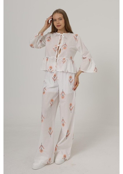 Grip&hug Işlemeli Oversize Pantolon - Beyaz