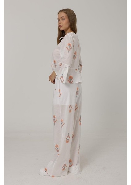 Grip&hug Işlemeli Oversize Pantolon - Beyaz