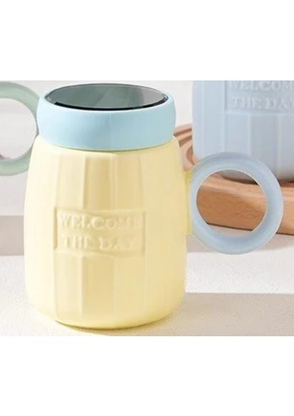 Porselen Kupa Welcome The Day Ayna Kapaklı Sarı Mavi 1 Adet