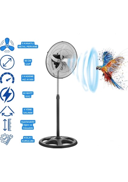 5 Metal Kanatlı Soğutucu Vantilatör Pervane 3 Kademe Hız Kontrol 18’’inch - 80W