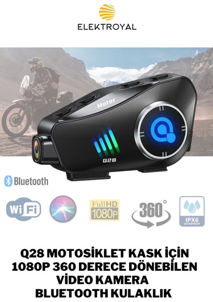 Q28 Motosiklet Kask Için 1080P 360 Derece Dönebilen Video Kamera Bluetooth Kulaklık