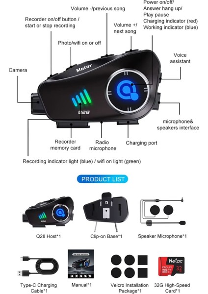 Q28 Motosiklet Kask Için 1080P 360 Derece Dönebilen Video Kamera Bluetooth Kulaklık