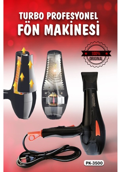 TeknoTrust 2500 W Profesyonel Fön Makinesi, İyonik, Hız ve Isı Ayarlı, Siyah Renk