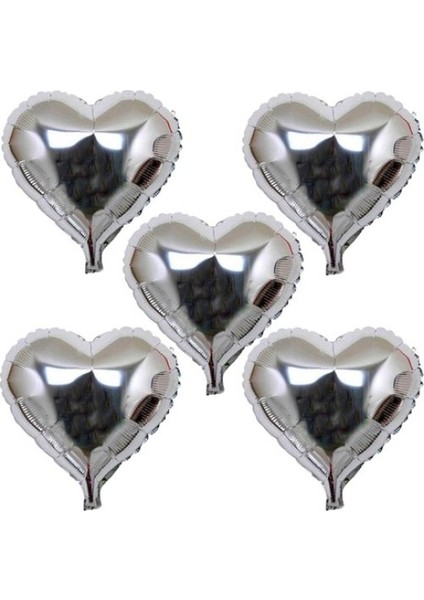 Kalp Şeklinde Folyo Balon 5 Adet 45 cm Gümüş Renk