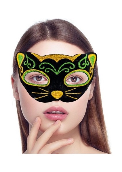 Siyah Kadife Sarı Yeşil Simli Kedi Maskesi fiyatları