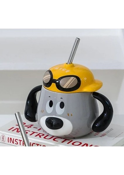 Porselen Kupa Kapaklı Metal Pipetli Köpek Şapkalı Nice 1 Adet