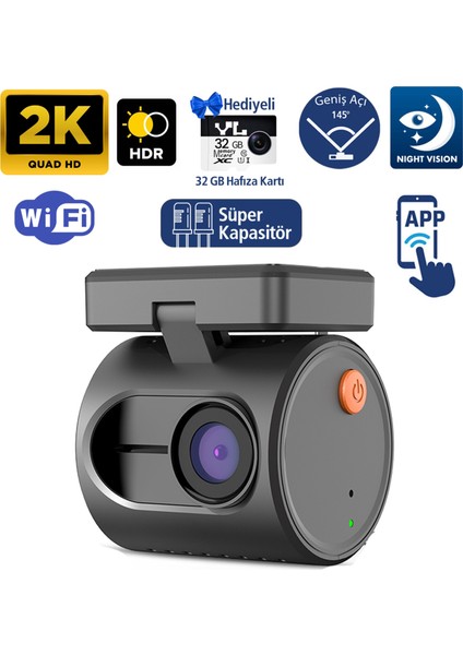 Mini 3 Gen2 2k 1296P Wifi 145° Geniş Açı Gece Görüşlü 32GB Hafıza Kartlı Akıllı Araç Kamerası