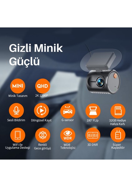 Mini 3 Gen2 2k 1296P Wifi 145° Geniş Açı Gece Görüşlü 32GB Hafıza Kartlı Akıllı Araç Kamerası modelleri