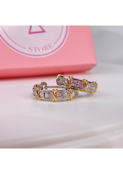 925 Gümüş Taş Işlemeli Gold Şeritli Küpe , Özel Model x Tiffany Çelik Küpe