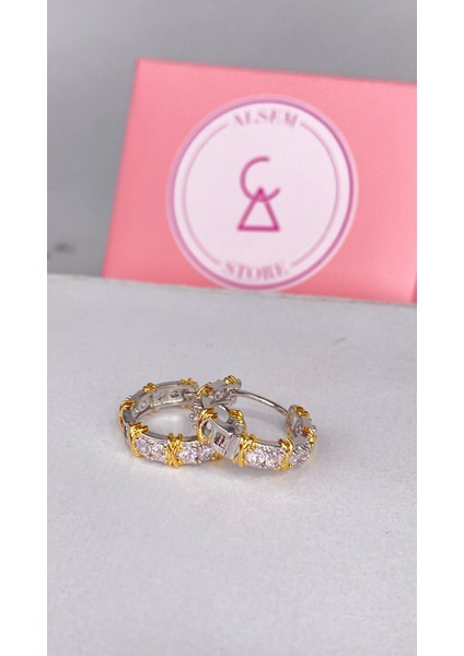 925 Gümüş Taş Işlemeli Gold Şeritli Küpe , Özel Model x Tiffany Çelik Küpe
