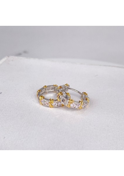 925 Gümüş Taş Işlemeli Gold Şeritli Küpe , Özel Model x Tiffany Çelik Küpe
