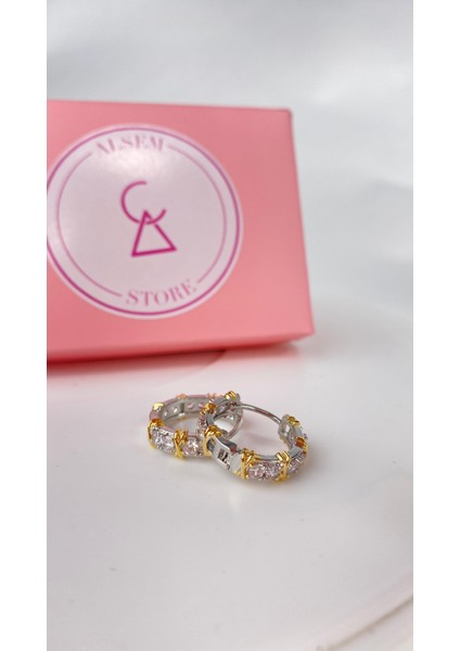 925 Gümüş Taş Işlemeli Gold Şeritli Küpe , Özel Model x Tiffany Çelik Küpe
