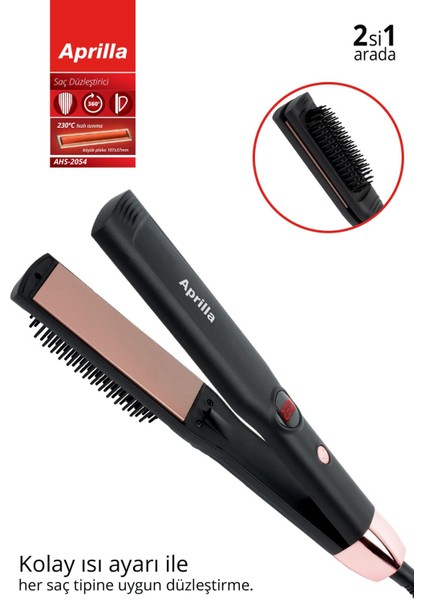 AHS-2054 Dijital Göstergeli 2'si 1 Arada Ekstra Fırçalı Saç Düzleştirici