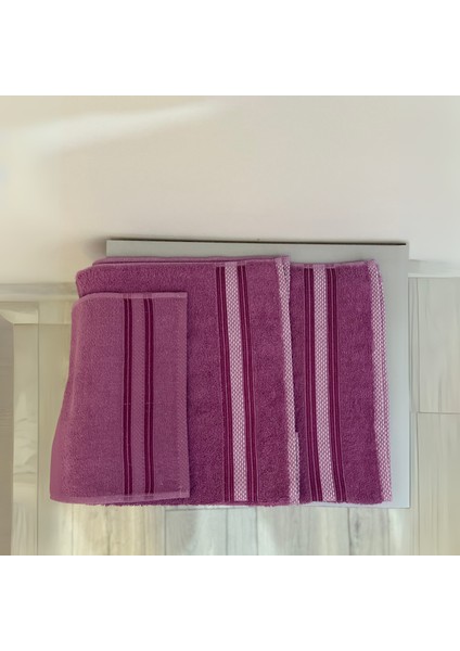 %100 Pamuklu 3’lü Havlu Seti – Mor & Lila – El, Yüz ve Banyo – Lüks Kutulu fırsatları
