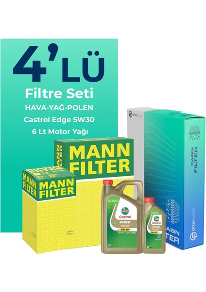 Mann Mercedes C 200 EQ 184 HP Filtre Bakım Seti Castrol Motor Yağlı (2018-2023) 4 Lü