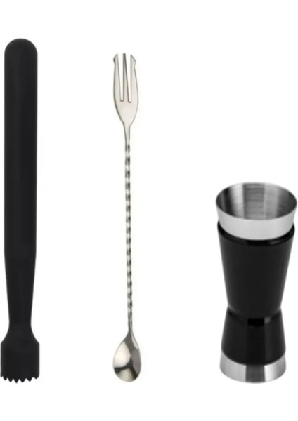 Mojito Tokmağı Siyah 20.7 cm Çatallı Kaşık 30 cm Jigger 1.5/3 cl Tokmak Bar Tokmağı Kokteyl Jigger