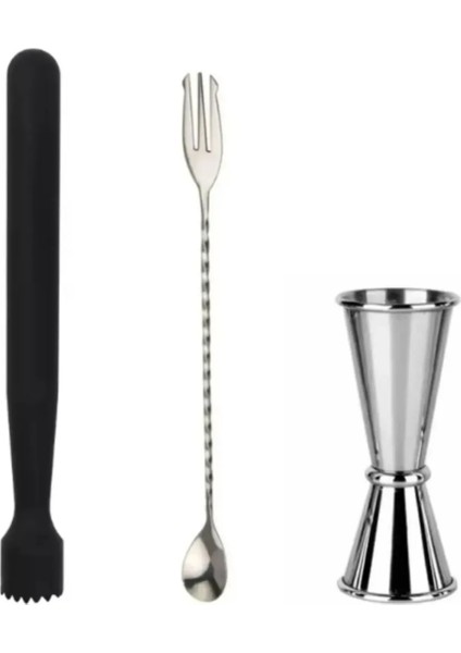 Mojito Tokmağı Siyah 20.7 cm Çatallı Kaşık 30 cm Jigger 2.5/5 cl Tokmak Bar Tokmağı Kokteyl Jigger