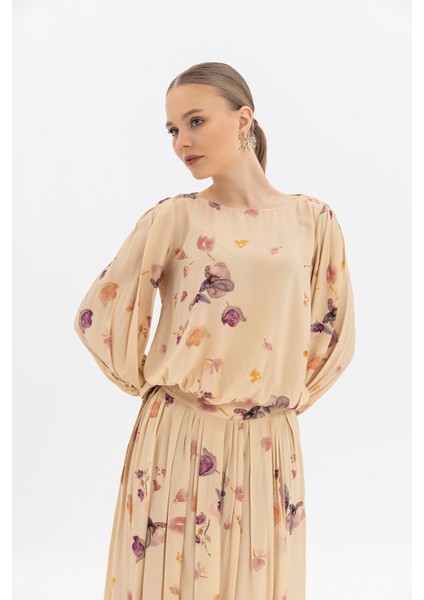 100% Doğal Viskon, Floral Baskılı, Dökümlü Uzun Kollu Bluz
