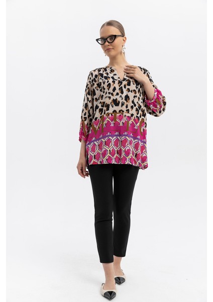 %100 Viskon Desen Geçişli Oversize Bluz – Leopar & Geometrik Desen