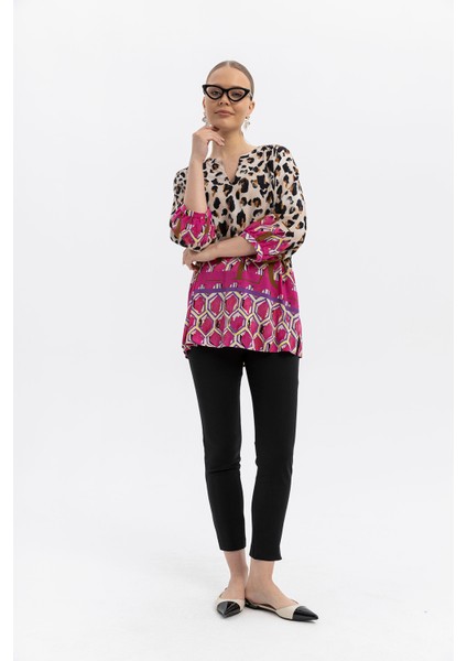%100 Viskon Desen Geçişli Oversize Bluz – Leopar & Geometrik Desen fiyatları