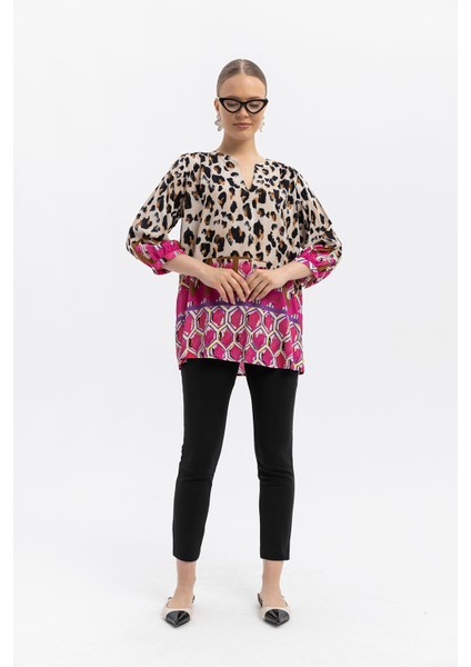 %100 Viskon Desen Geçişli Oversize Bluz – Leopar & Geometrik Desen modelleri