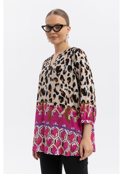 %100 Viskon Desen Geçişli Oversize Bluz – Leopar & Geometrik Desen fırsatları