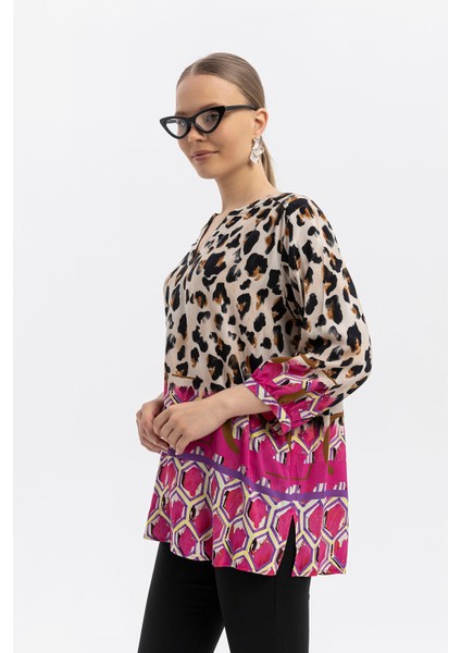 %100 Viskon Desen Geçişli Oversize Bluz – Leopar & Geometrik Desen indirimleri
