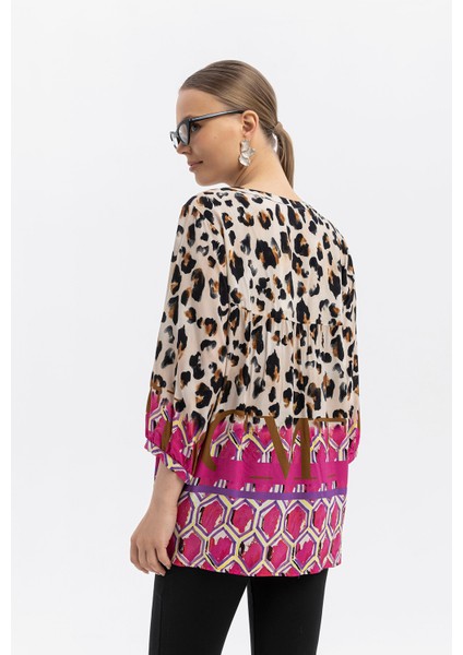 %100 Viskon Desen Geçişli Oversize Bluz – Leopar & Geometrik Desen