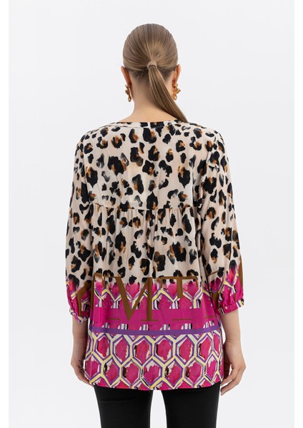 %100 Viskon Desen Geçişli Oversize Bluz – Leopar & Geometrik Desen