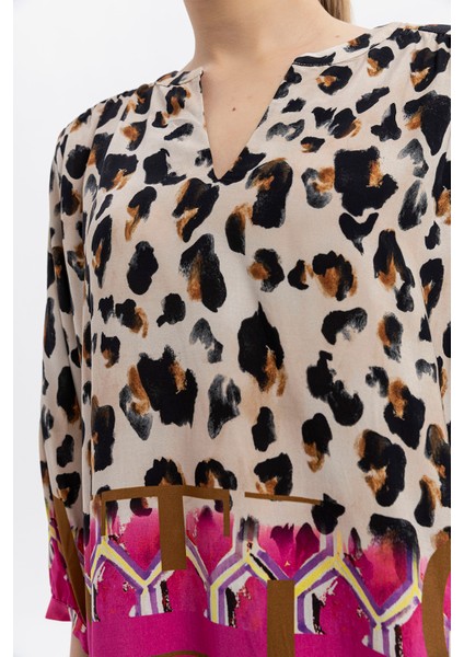 %100 Viskon Desen Geçişli Oversize Bluz – Leopar & Geometrik Desen
