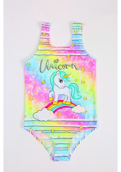 Şık Kız Çocuk Mayo Unicorn Gökkuşağı Desenli Rahat Hızlı Kuruyan Mayo Deniz Havuz Plaj Mayosu