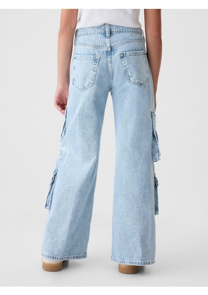 Kız Çocuk Açık Mavi Mid Rise Double Kargo Baggy Jean Pantolon