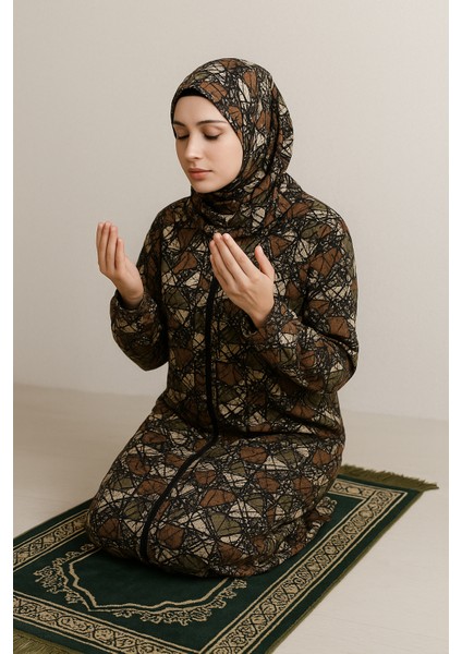 Tek Parça Başörtülü Fermuarlı Kadın Namaz Elbisesi