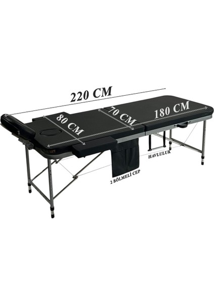 Taşınabilir Rahat Masaj Masası, Siyah, 180 cm uzunluk, 60-75 cm genişlik