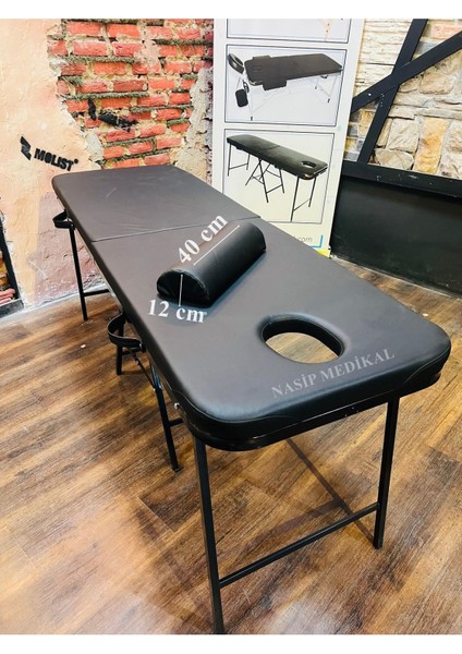 Katlanabilir Siyah Masaj Masası, Taşınabilir ve Kullanışlı 180x45-60 cm