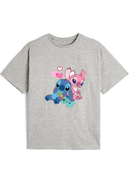 kaliteli Penye Kız Çocuk Baskılı Gri Tshirt 5 6 7 8 9 10 11 12 13 14 Yaş Lilo Stitch 1