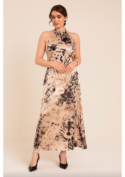 Leopar Saten Pileli Elbise