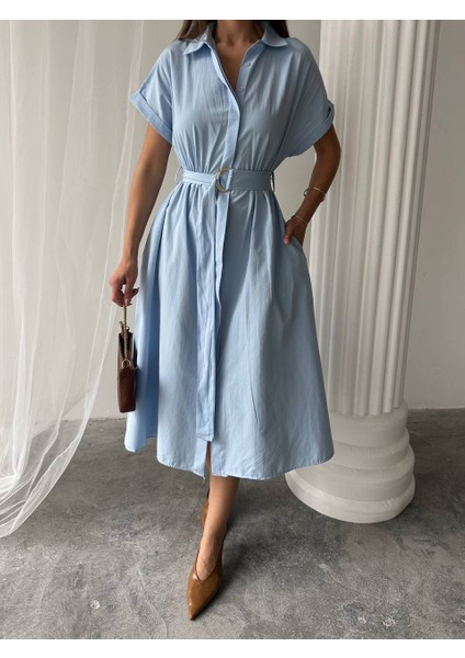 Yeni Sezon Yarasa Kol Kuşaklı Gömlek Elbise