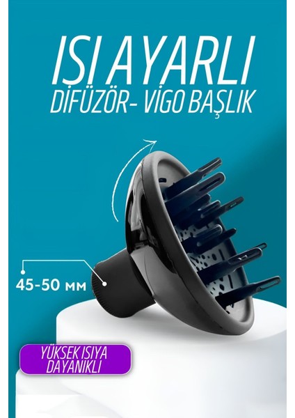 İşlevsel ısı ayarlı döner difüzör, profesyonel kullanım, siyah renk, 220-240 V