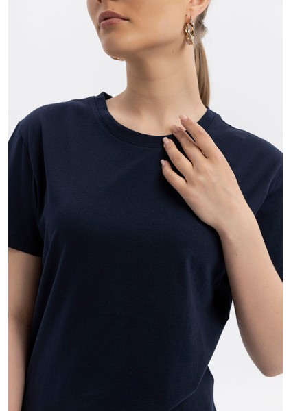Bisiklet Yaka Pamuklu Normal Fit Basic Kısakol T-Shirt Lacivert