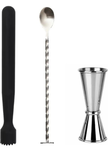 Mojito Tokmağı Siyah 20.7 cm Tokmaklı Kaşık 25 cm Jigger 2.5/5 cl Tokmak Bar Tokmağı Kokteyl Jigger