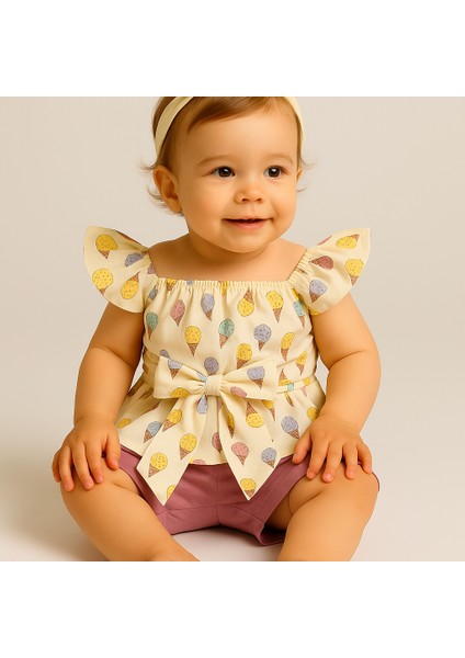 Kız Bebek 3’lü Yazlık Takım – Dondurma Desenli Bluz, Şort ve Bandana – 9-24 Ay