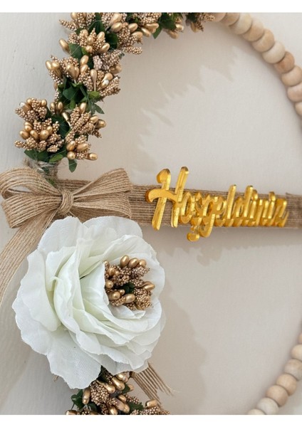 El Yapımı 30 cm Gold Çiçekli Hoşgeldiniz Kapı Süsü Metal Kasnaklı, Cipso & Gül Detaylı Dekor fiyatları
