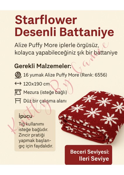 Starflower Desenli Battaniye Dijital Yapım Rehberi – Alize Puffy More 6556 ile Örgüsüz Kolay Örgü | Pdf Formatında Indirilebilir